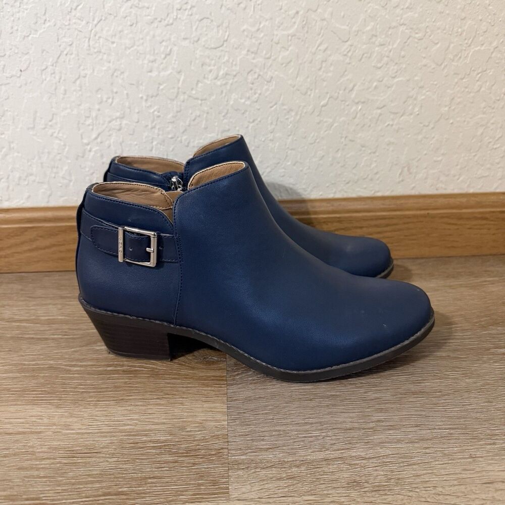 Vionic Millie Navy Blue Heeled Leather Ankle Booties Buckle Zip Women’s 9